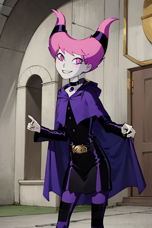 ((masterpiece,best quality)), absurdres, Jinx_Titans, 1girl, solo, pink eyes, pink hair, grey skin, hair up, pale skin, medium hair, hair horns, choker, striped pantyhose, capel, cloak, cape black dress, jewelry, solo, smiling, looking at viewer, cowboy shot,
