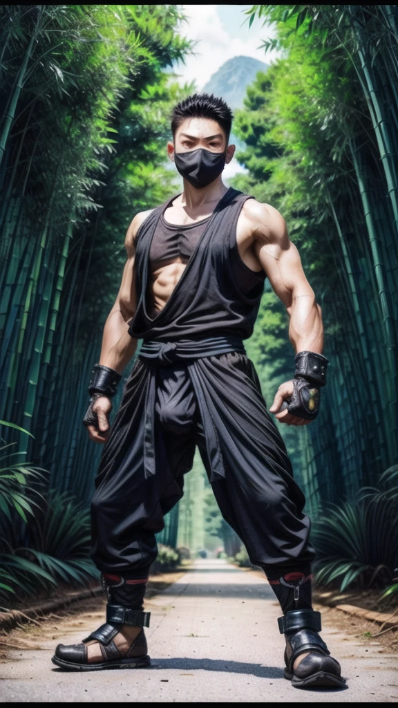 (((Cover your nose and neck with black cloth)))、Japanese men、((Sweating profusely))、(((Distention of the crotch area)))、Fromside、(((fighting stance)))、((Sleeveless ninja jacket))、(((Ninja Pants)))、(((Ninja Tabi)))(Arm tattoo)、Muscular、(Glowering look、looking at viewer、big eyes、furious)、((Bamboo grove)、sidecut Spiky hair、、((full body))、 Detailed Background, The finer details、Real、3K、Highest quality