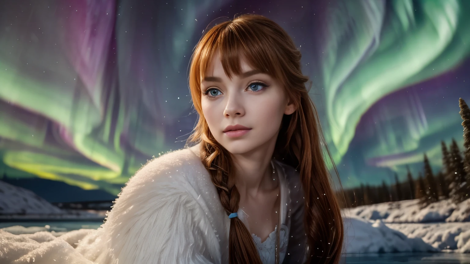 Henessy, original, (masterpiece), (extremely fine and beautiful), (perfect details), (unity CG 8K wallpaper:1.05), (frozen river , Northern Lights, background:1.25), (depth of field:0.7),1girl, red head, russian young women 18 years old, long white dress, hair blowing with the wind:1.1),kneeling on the ice, closeup of face, (moon light:0.6), night (winter), (night:1.2), (upper body), big eyelashes, red iris, better hands