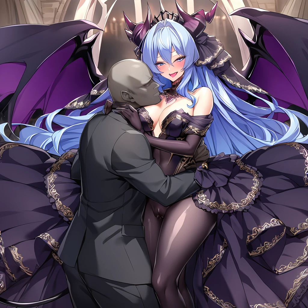 ((Highest quality)), ((masterpiece)), (detailed), (Perfect Face)、The woman snuggles up to the great and powerful evil demon king, hugs him, kisses him, puts his dick in her , ejacu has sex with him, mng love to the dark demon couple.、The woman is a beautiful, jet-black female demon, the queen of evil, Devil Extia, with jet-black skin, medium-long blue hair, wearing a luxurious black wedding dress with gold embroidery and trim, a black wedding veil, an engagement ring, and luxurious accessories. She is an elegant, beautiful female demon, the queen of evil.、A great demon with jet black skin, impressive devil horns, devil wings and a devil tail.、The woman looks happy、The man is a great and powerful demon king.、The woman is being loved and loved by the majestic demon king.