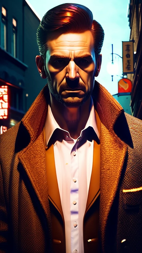 a middle-aged man in a rumpled overcoat, detective, investigator, crime scene, gritty urban setting, 1970s style, cinematic lighting, moody atmosphere, attention to details, intricate plot, masterfully executed, photorealistic, highly detailed, 8k, best quality