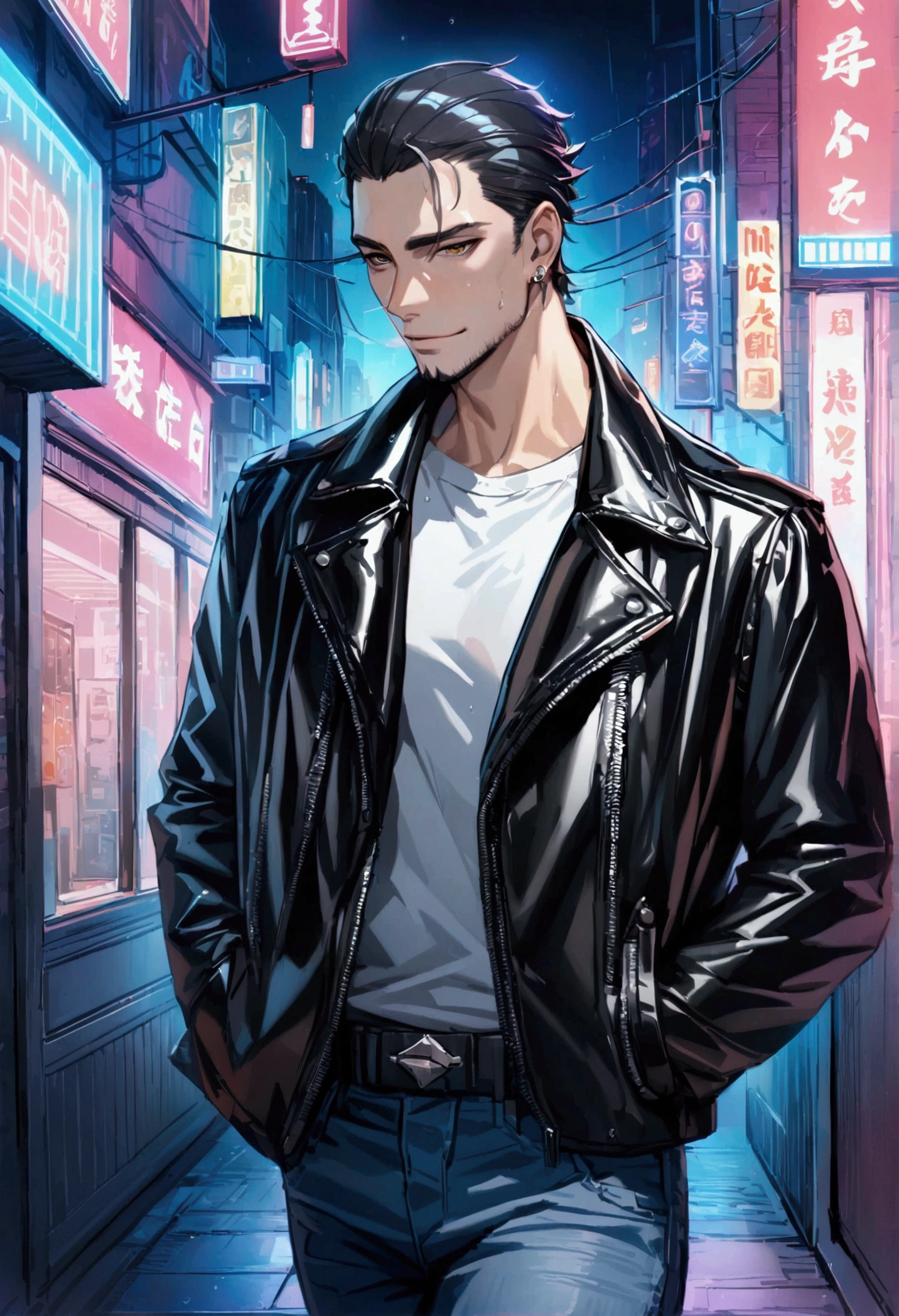 "Create an image of a handsome counselor without a beard. He is wearing a black leather jacket, a white T-shirt, jeans, and boots. He has short, slicked-back, silver, expressive, wet, and shiny hair. The background is a neon-lit city at night. He has a cheerful mood and a wry smile, with a calm, piercing gaze. He is holding a cigarette. He is either leaning against a wall or walking. Surrealism, Conceptual art, cowboy shot, lens flare, 8k, super detail, UHD, masterpiece, anatomically correct, textured skin, super detail, high details, high quality, award-winning, best quality, highres."