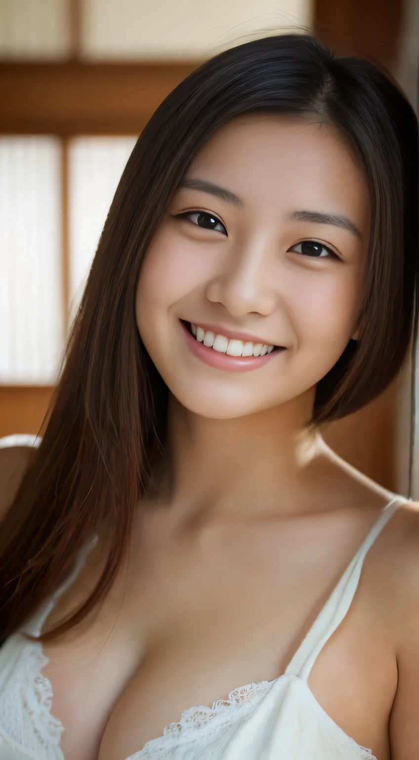 masterpiece,best quality,(Japanese girl),((Beautiful girl)),cleavage,indoor,(perfect body beauty:1.2),(shy smile),beautiful teeth,