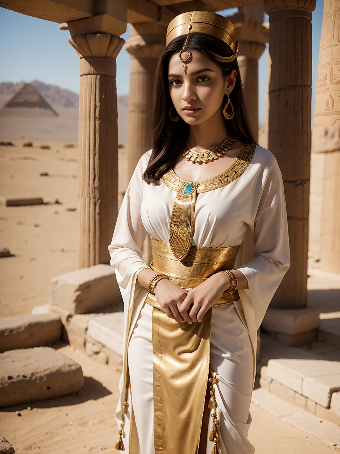 Close up shot , looking at viewer, A beautiful ancient Egyptian woman wearing traditional ethnic clothing, such as a kalasiris or sheath dress, adorned with jewelry and standing in a serene and picturesque setting. The scene should highlight the elegance and cultural richness of ancient Egyptian heritage
,(textured skin , HI detailed skin, foreshortening, Canon, 8k, anatomically correct,  super detail, high details, highness)