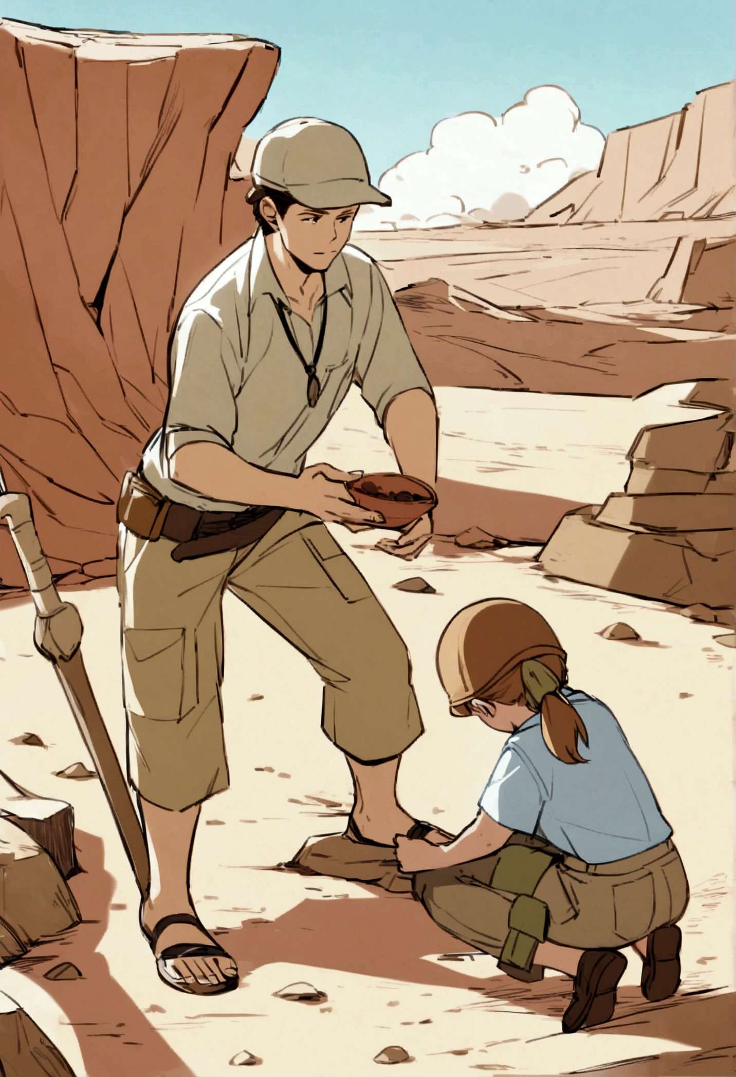 The image shows to childrren playing, boy and girl, at a dig site, archaeologist, wearing khakis,