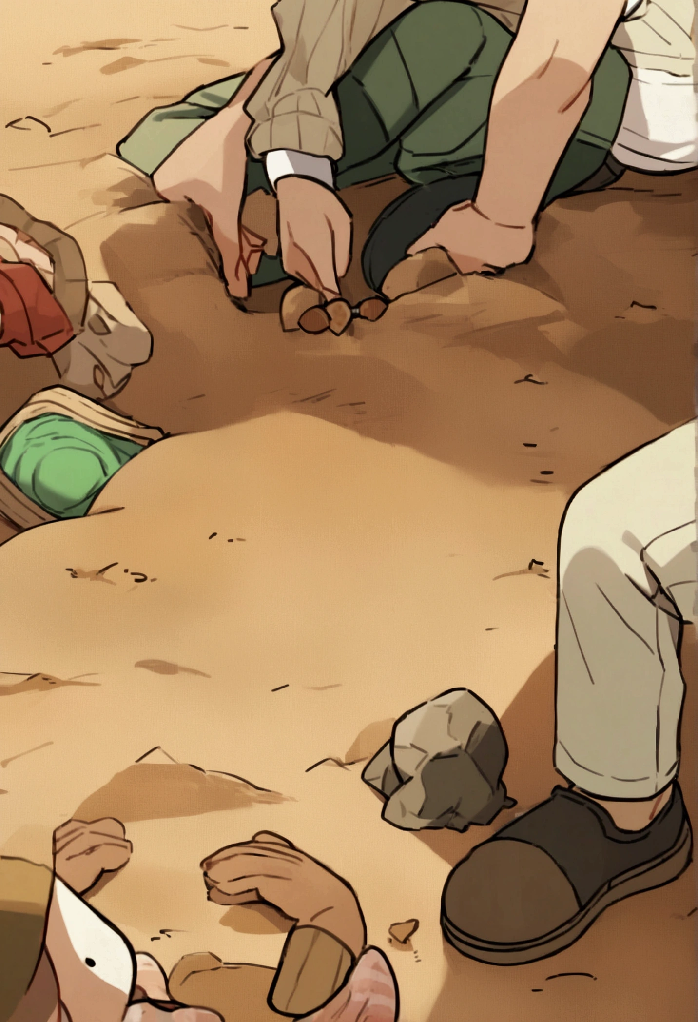 The image shows to childrren playing, boy and girl, at a dig site, archaeologist, wearing khakis,