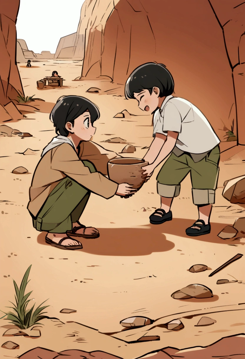 The image shows to childrren playing, boy and girl, at a dig site, archaeologist, wearing khakis,