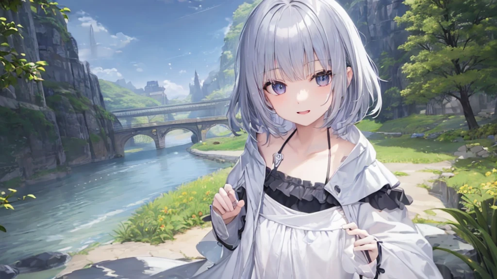 Ultra HD,Look at the viewers, Put your hands behind your back, With a girl, 20-year-old, 非常にShort Hair, Long bangs between the eyes, Pale blue eyes, Very detailed,(masterpiece、Highest quality),Gray Hair、Laughter、Fantastic, Silver Hair, Iris, Short hair、 Fluttering Hair、Small Face、明るいsmile、(Detailed face) ,Professional Lighting,Wonderful landscape,blue sky, sunlight,Looking down from above,Portraiture、Open your mouth、Flower Field、Her eyes were shining、Mysterious and enchanting atmosphere。With AI Painting、とてもShort Hair, Long bangs between the eyes, Very detailed,(masterpiece、Highest quality)、alone、Gray Hair、Fantasy, Silver Hair, Fantasyな風景、smile、Open your mouth、short hair、Short Hair、hairpin、black eye、Grey Eyes、Beautiful Eyes、Black Shirt、White hoodie