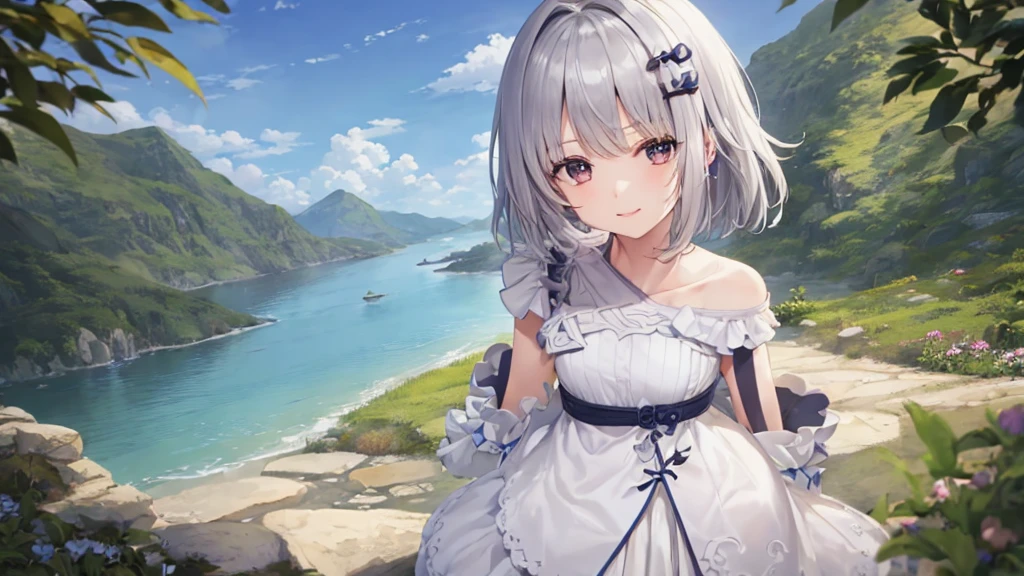 Ultra HD,Look at the viewers, Put your hands behind your back, With a girl, 20-year-old, 非常にShort Hair, Long bangs between the eyes, Pale blue eyes, Very detailed,(masterpiece、Highest quality),Gray Hair、Laughter、Fantastic, Silver Hair, Iris, Short hair、 Fluttering Hair、Small Face、明るいsmile、(Detailed face) ,Professional Lighting,Wonderful landscape,blue sky, sunlight,Looking down from above,Portraiture、Open your mouth、Flower Field、Her eyes were shining、Mysterious and enchanting atmosphere。With AI Painting、とてもShort Hair, Long bangs between the eyes, Very detailed,(masterpiece、Highest quality)、alone、Gray Hair、Fantasy, Silver Hair, Fantasyな風景、smile、Open your mouth、short hair、Short Hair、hairpin、black eye、Grey Eyes、Beautiful Eyes、Black Shirt、White hoodie