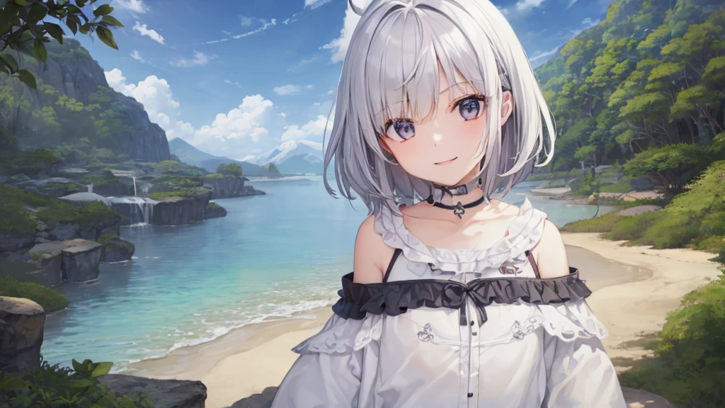 Ultra HD,Look at the viewers, Put your hands behind your back, With a girl, 20-year-old, 非常にShort Hair, Long bangs between the eyes, Pale blue eyes, Very detailed,(masterpiece、Highest quality),Gray Hair、Laughter、Fantastic, Silver Hair, Iris, Short hair、 Fluttering Hair、Small Face、明るいsmile、(Detailed face) ,Professional Lighting,Wonderful landscape,blue sky, sunlight,Looking down from above,Portraiture、Open your mouth、Flower Field、Her eyes were shining、Mysterious and enchanting atmosphere。With AI Painting、とてもShort Hair, Long bangs between the eyes, Very detailed,(masterpiece、Highest quality)、alone、Gray Hair、Fantasy, Silver Hair, Fantasyな風景、smile、Open your mouth、short hair、Short Hair、hairpin、black eye、Grey Eyes、Beautiful Eyes、Black Shirt、White hoodie