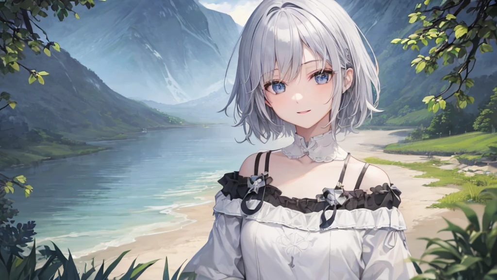 Ultra HD,Look at the viewers, Put your hands behind your back, With a girl, 20-year-old, 非常にShort Hair, Long bangs between the eyes, Pale blue eyes, Very detailed,(masterpiece、Highest quality),Gray Hair、Laughter、Fantastic, Silver Hair, Iris, Short hair、 Fluttering Hair、Small Face、明るいsmile、(Detailed face) ,Professional Lighting,Wonderful landscape,blue sky, sunlight,Looking down from above,Portraiture、Open your mouth、Flower Field、Her eyes were shining、Mysterious and enchanting atmosphere。With AI Painting、とてもShort Hair, Long bangs between the eyes, Very detailed,(masterpiece、Highest quality)、alone、Gray Hair、Fantasy, Silver Hair, Fantasyな風景、smile、Open your mouth、short hair、Short Hair、hairpin、black eye、Grey Eyes、Beautiful Eyes、Black Shirt、White hoodie