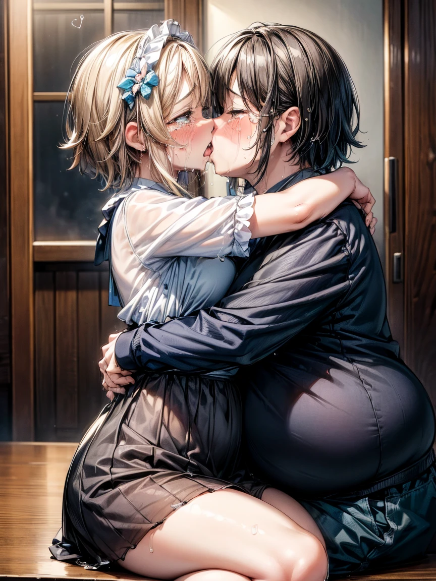 (girl, Fat middle-aged man:1.2), Maid clothes、blush、(kiss)、(hug)、office、Very detailed、High Resolution度、4K、masterpiece、High Resolution、(tears:1.8)、(Clothes are see-through:1.2)、heart、(Side view)、sit、rape