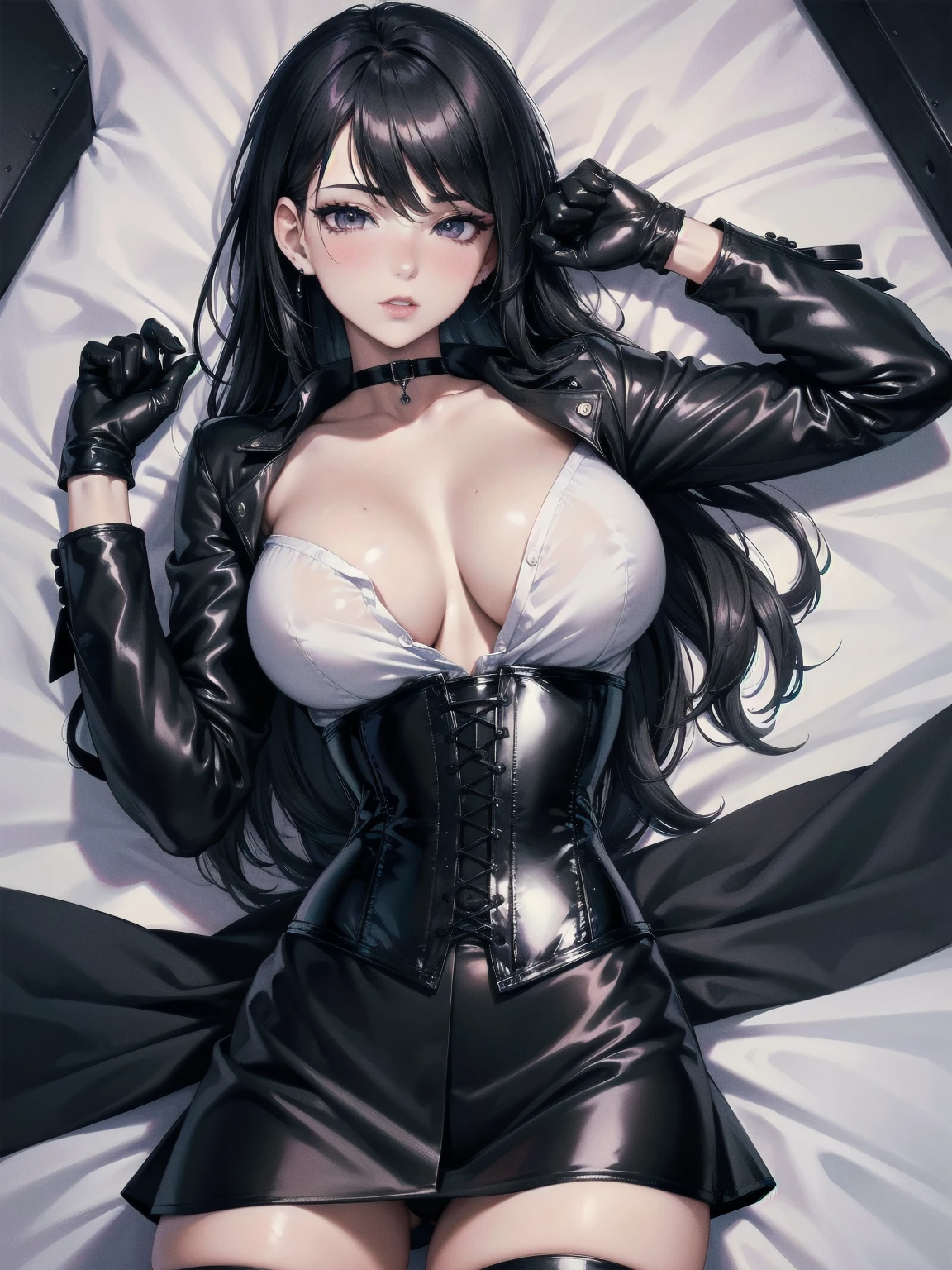  masterpiece, Superior image quality, High resolution, 4k image,photo and gross, photorealistic, whole body, 1  girl, lying on a bed {{{vagina}}}, beautiful face, long black hair, black eyes, very detailed eyes, pink cheeks, tired expression, choker:1.6, (white collar button down long sleeve shirt), black gloves, gloves that cover hands, (black leather corset), (shiny black miniskirt), Sensual Lips, show details in the eyes, view from above, looking at the viewer, elegant room, at night