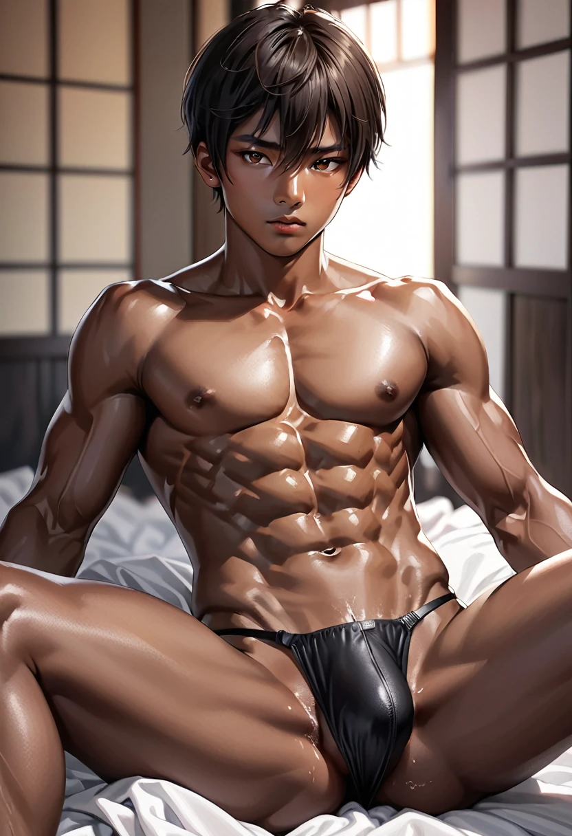 high quality, detailed, Realistic, 16 years old japanese boy,(detailed brown eyes), (abs:1.5), (deep dark skin:1.3), (detailed areola), blacku short hair, (black tiny thong), (bulge), spread legs,