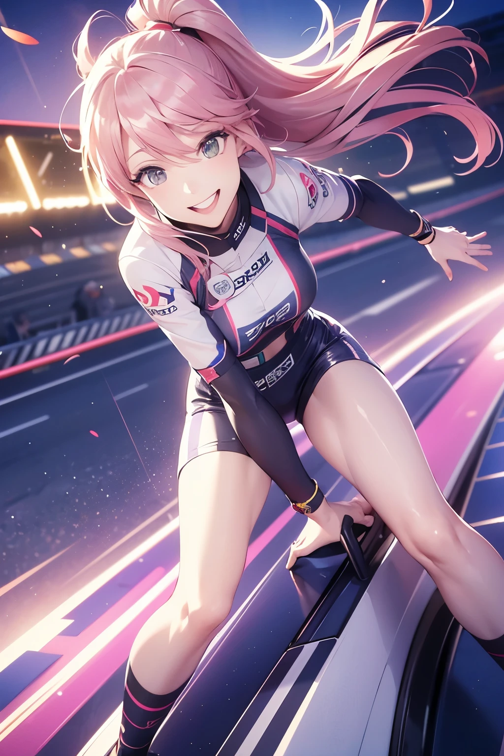 (best quality,highres),Tess Darret,Pole Position,holding a race helmet in hands,standing inside of her race car,smiling,anime style,bright colors,dynamic lighting,shiny finish,energetic pose,attention to detail,sparkling eyes,long flowing hair,wearing a racing suit,checkered flag pattern on the car,exciting atmosphere,vivid expressions