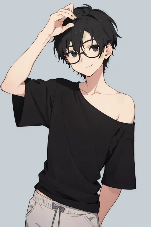 a boy, boy, alone, with a somewhat thin, somewhat feminine body, black hair, medium short hair, slightly long hair on the back of the head ,black eyes, simple black glasses on, looking at the viewer, calm smile, loose black shirt with one shoulder exposed, simple light blue background 