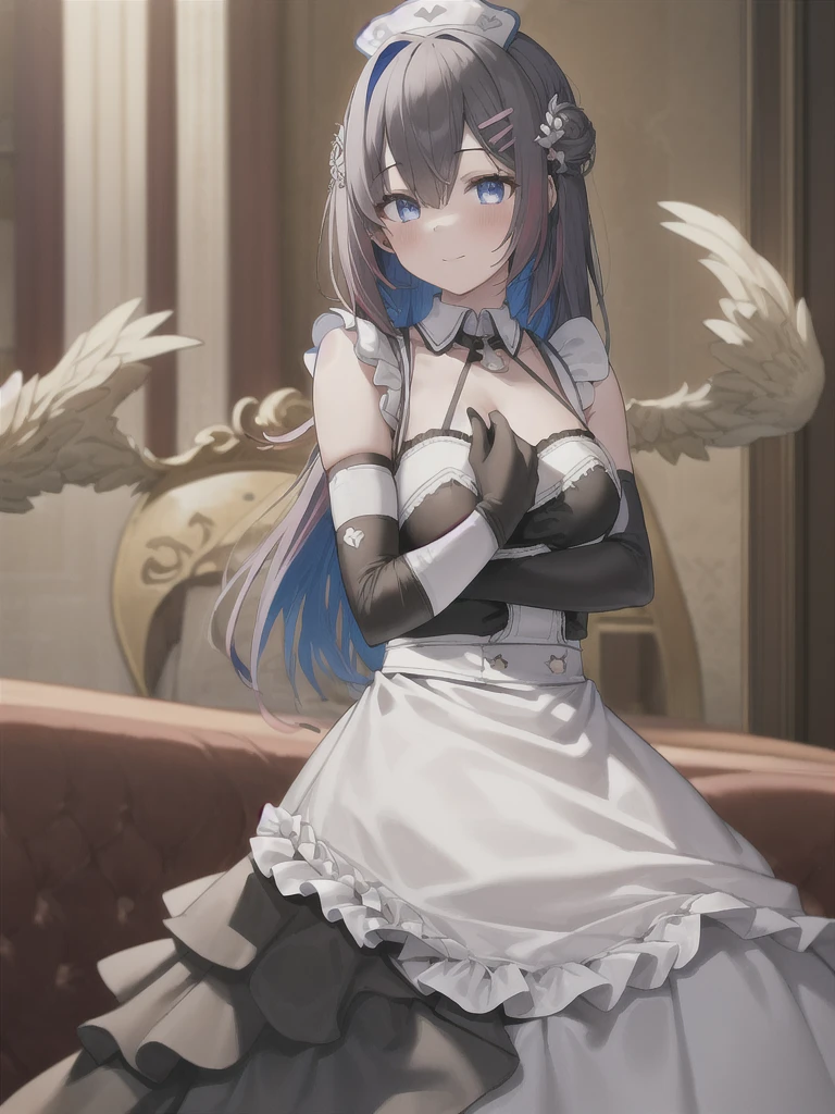 (in hotel, masterpiece, best quality:1.2), maid, 1girl, (holding baby, hold infant), waving hair, ((dark side, elbow gloves))