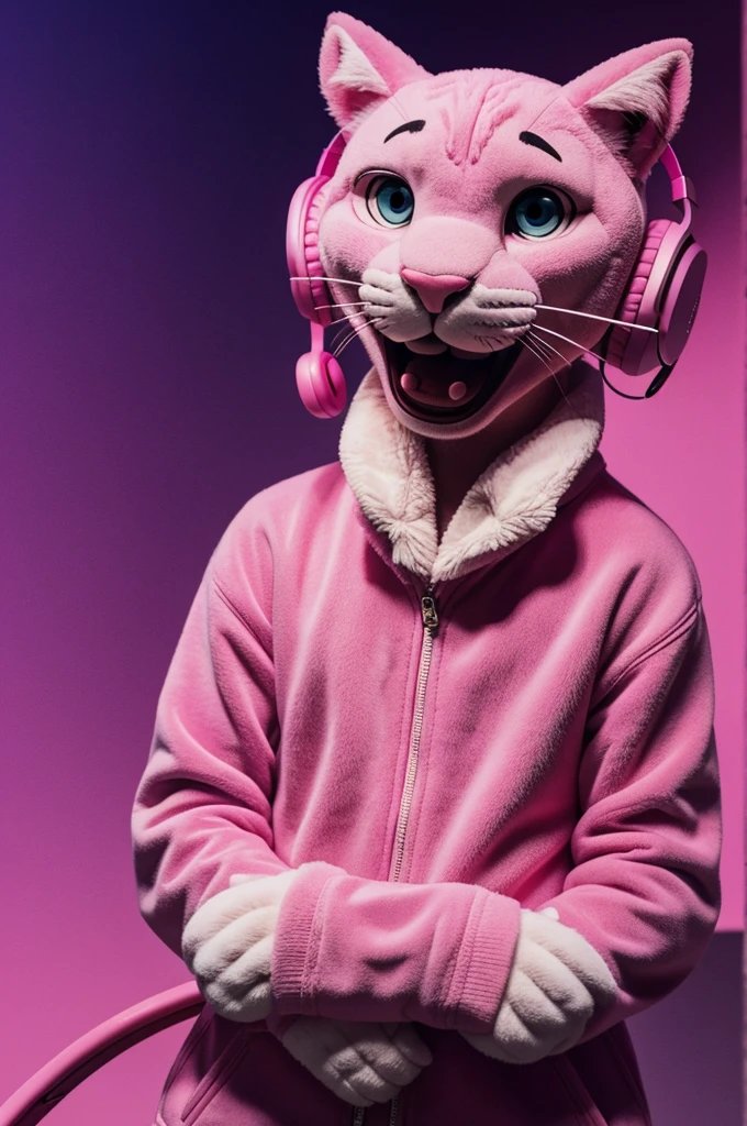 Image of a pink panther with headphones listening to music