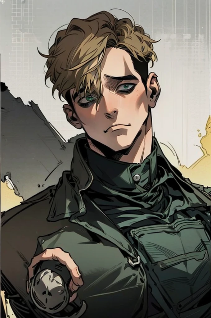Create a man with short hair,and blonde,e barba,in black denim jacket,com dear de sarcastic,he is wearing a black tunic,e um uniforme de super heroi,like Captain America,but the uniform is black and green,and with a skull on his chest.