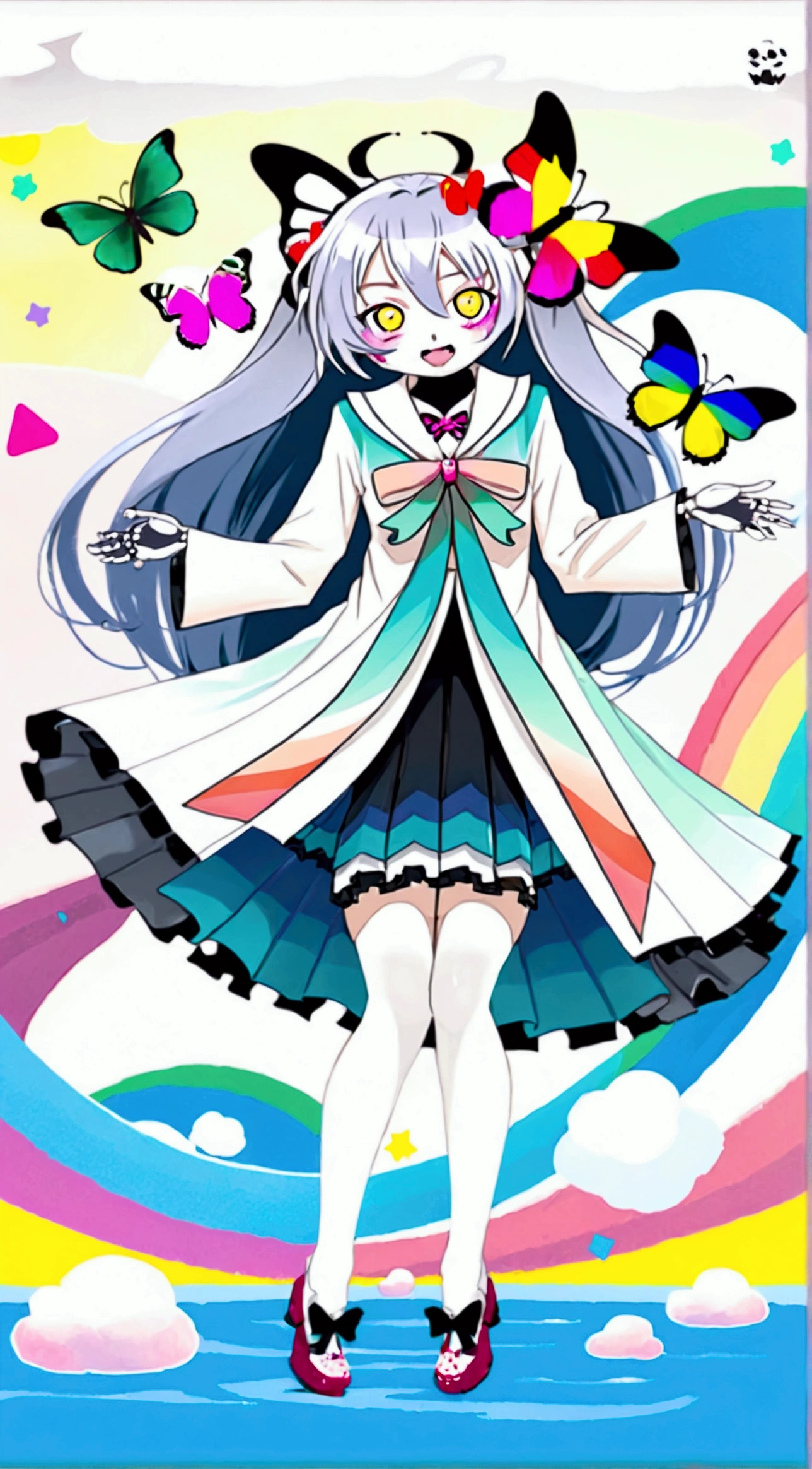 Name:Lucky Girl 16 Years Old 1.66m white hair long hair,Fa Ka is a word consisting of two sixes.,The pupil is a white square,Iris is a color gradient。The two ears are hung with small pendants, which are six-sided and six-shaped.。There are six small ribbons on the middle.。The clothes are white and pink kimono short skirt pink Gothic Lolita clothes,Black butterfly-shaped ribbon tied on the chest。The left length of the white silk stockings just reaches under the skirt,Rainbow leg ring on left leg。
Two skeletons。