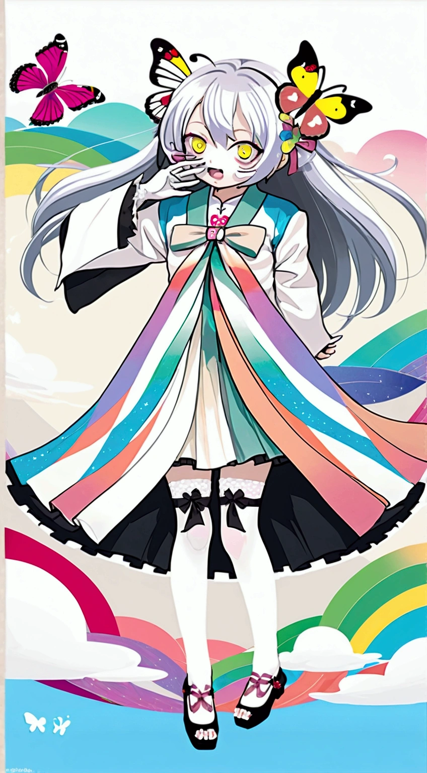 Name:Lucky Girl 1.66m white hair long hair,Fa Ka is a word consisting of two sixes.,The pupil is a white square,Iris is a color gradient。The two ears are hung with small pendants, which are six-sided and six-shaped.。There are six small ribbons on the middle.。The clothes are white and pink kimono short skirt pink Gothic Lolita clothes,Black butterfly-shaped ribbon tied on the chest。The left length of the white silk stockings just reaches under the skirt,Rainbow leg ring on left leg。
Two skeletons。