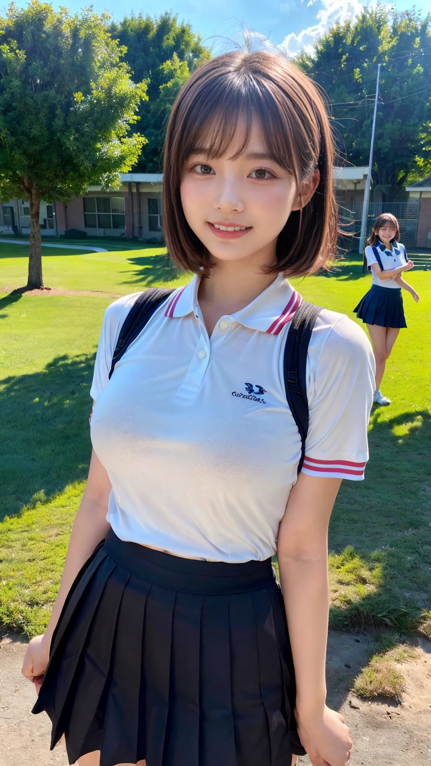 (Realistic、Like a photograph、Live Action、8K, Realistic, RAW Photos, Best image quality: 1.4), Single-lens reflex camera、RAW Photos, Highest quality, Realistic, Very detailed CG Unity 8K wall paper, Written boundary depth, Cinematic Light, Lens flare, Ray Tracing, Realistic background、((high school girl:1.4、A tight polo shirt that expresses the roundness and softness of the chest area:1.3、Uniform skirt:1.3)、(huge Breasts:1.3)、Sports bag slung across the shoulder、The straps of the bag pass between the chest)、((Ultra-Dense Skin))、 1 female, cute high school girl、((Girls cheering in the schoolyard、support、(whole body:1.5)、Smiling at school))、Pink inner color hair、short hair:1.2、tie your hair with a hair clip、I like that style、stylish、Very detailed、Pay attention to the details、Perfect outfit、(Sunburned skin)、Beautiful legs:1.1,front