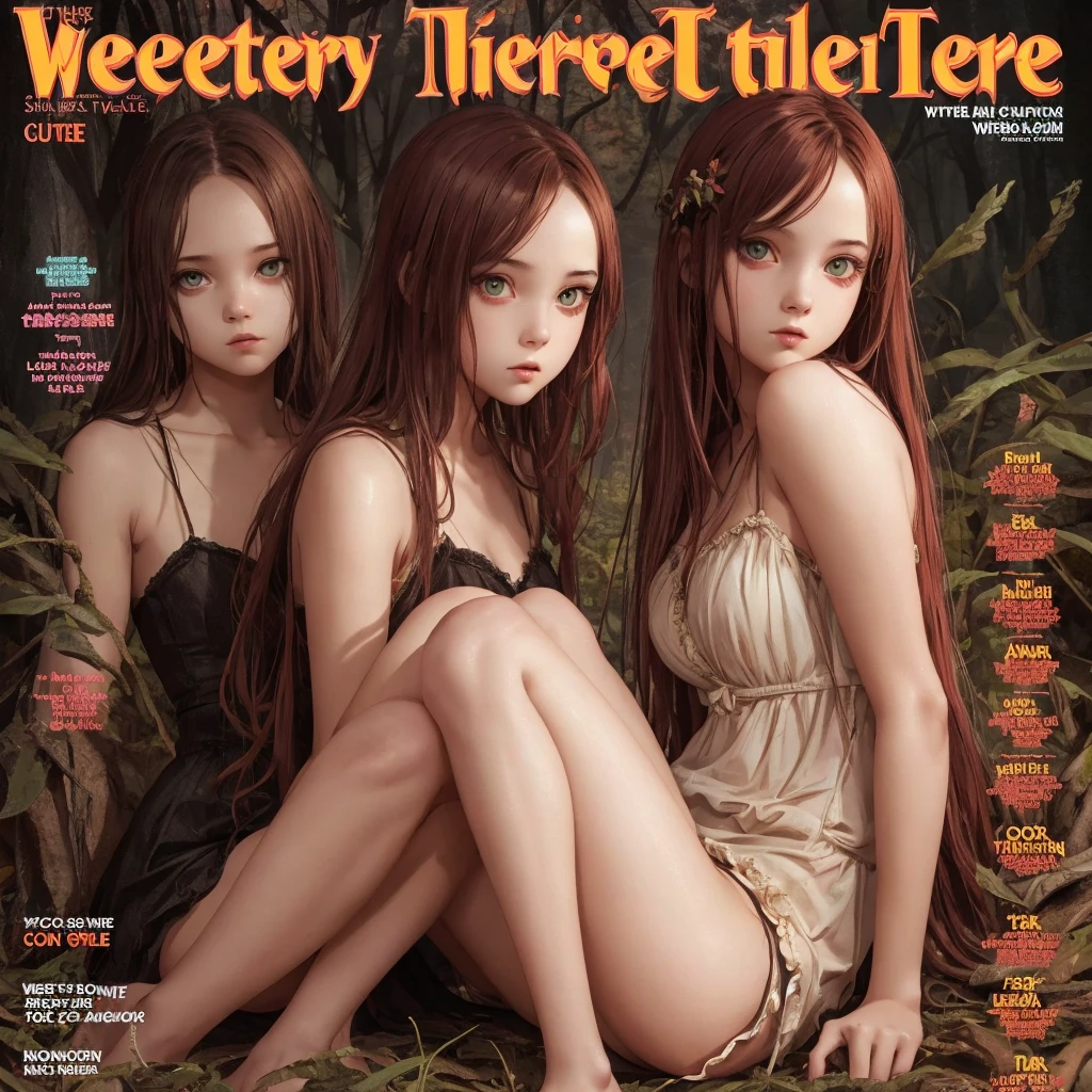 cover mistery magazine weird tale full lenght girl, cute face full lenght , 3 girl pose for cover horror magazine weird tale , magazine age 2024, high quality, 20 year old girl beautiful woman full body photo
