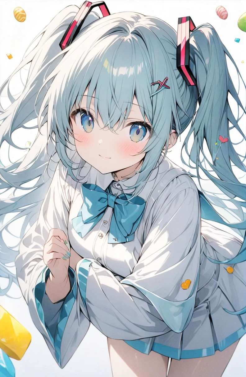 (masterpiece:1.2),(anime),、girl、cute,sweets dream, A colorful world, cute, like, Highest quality, masterpiece,【Highest quality, Tabletop】 (Gray white background:1.7),Hatsune Miku,Kasane Teto,hatsune miku,kasane teto