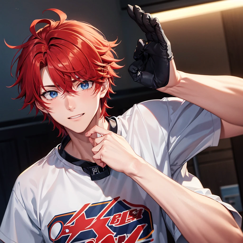 Handsome man, red hair. Red eyes, smiling, smiling, stiff on the rink, posing beautifully, behind the rink, glittering dress, sweating a little, happy, shining, reaching out your hand, posing beautifully.