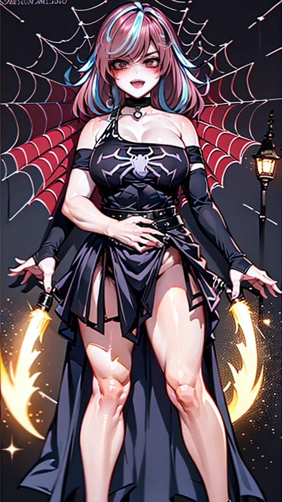 The best quality, lovely, Digital art, Altamente detailed, Detail it up, Intricate, hermoso brillo detailed, detailed, cinematiclight, high resolution, detailed facial features, sharp focus, Suave, ((Whole body)), (masterpiece),(Ultra detailed), (high quality), (high resolution), 1 girl of 25 years,(Spider-Web background:1.2),bare shoulders, black belt, Black choker, blue hair, old, choker, Crop above, Emikuki, facial mark, big breasts, looking at the viewer, multicolored hair, (sharp teeth, open mouth), no hats, (Dominant),(), pink hair, sharp teeth, shirt, Skirt, only, streaked hair, Cabello bitono