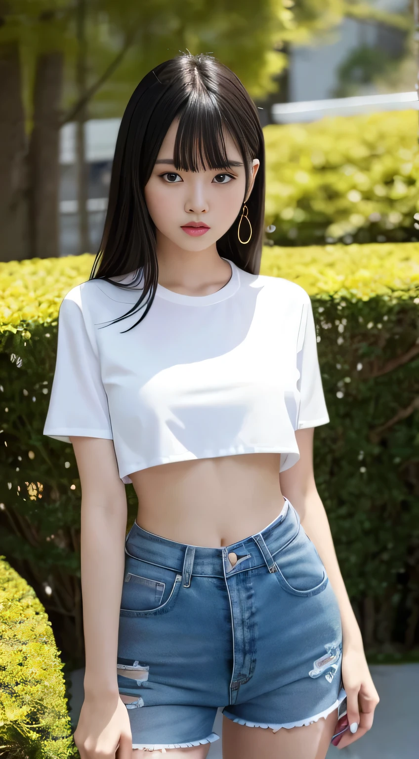Asian woman with black hair,Please wear a white top and blue shorts,Leaning against a giant transformer, Slim girl photos model, Beautiful young Chinese woman, Slim girl photos, Chinese Girl, Wearing a crop top, Beautiful Chinese Woman, Beautiful young Chinese woman, beautiful abdomen, セクシーなWearing a crop top, It's hot with the shining sun, Narrow waist, Sexy body and sexy abdomen