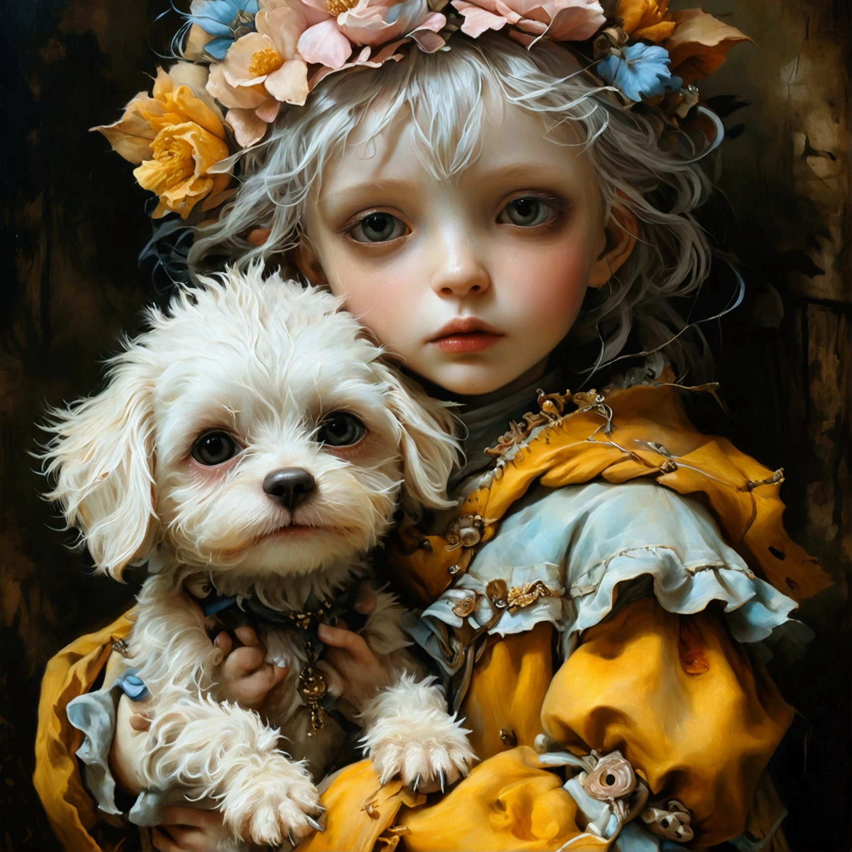 Painting of a doll holding a little Maltese puppy, brian froud, juan gimenez, anton semenov, style of emil melmoth, jean baptiste monge, brian froud style, Alex V. Dolgikh,Mark RYDEN style ARTGERM