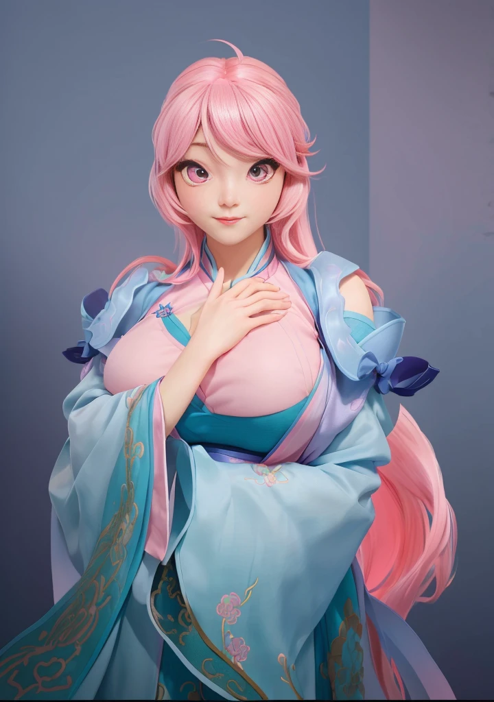 Image of a woman with pink hair and a blue dress, Attractive anime girl, OPPEIN, Real person style，Pink Eyes，Pink long hair，Hanfu，antiquity，Chinese style，，big ，huge ，sexy body，cute，Cute style，High-quality works