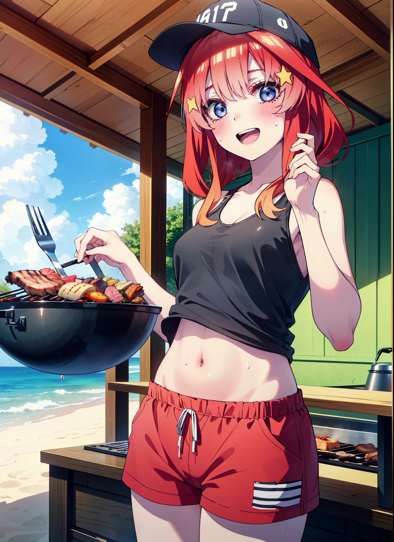 itsukinakano, Itsuki Nakano, bangs, blue eyes, Hair between the eyes, Redhead, star \(symbol\), hair ornaments, star hair ornaments,Baseball hats,happy smile, smile, Open your mouth,Red Tank Top,Belly button,Shorts,barefoot,Sweat,Beach,barbecue,cooking,Grilled meat,barbecue,Grilling meat,eating meat,Grilled meat,Palm tree,True Summer,Daytime,Clear skies,
break indoors, Beach,Sandy Beach,
break looking at viewer, (Cowboy Shot:1.5),
break (masterpiece:1.2), Highest quality, High resolution, unity 8k wallpaper, (figure:0.8), (Beautiful attention to detail:1.6), Highly detailed face, Perfect lighting, Highly detailed CG, (Perfect hands, Perfect Anatomy),