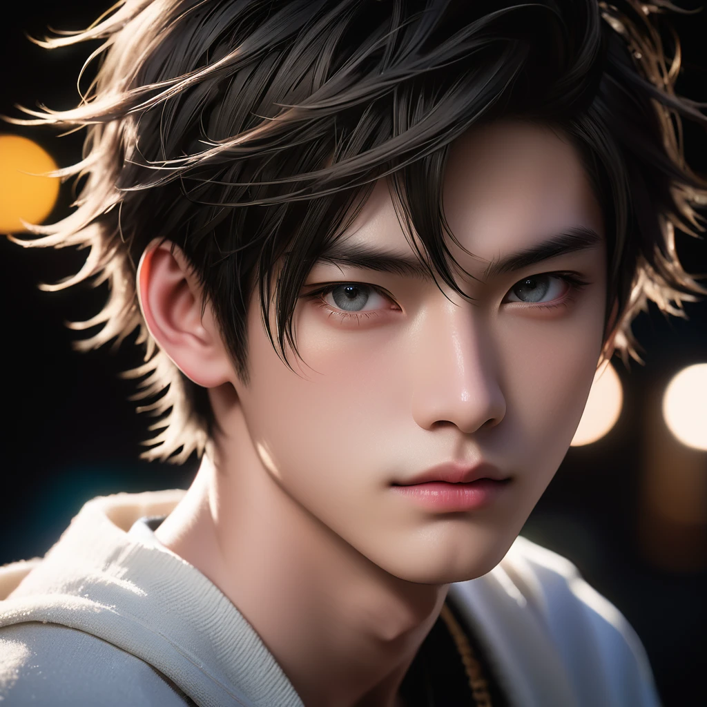 Meticulous, analog style, focus on the eyes, highest quality, (highly detailed skin), photo of very handsome pale skin Japane donghua boy, 21 years old, (wearing), perfect face, pore skin, (penetration:0.5), black background, (bokeh:0.6), sharp focus, grainy lighting, (backlight:0.7), film grain, photographed with Sony A7R IV camera, 18mm F/1.7 cine lens, (highly detailed, intricate detail), 8k, HDR, front view, (upper body: 0.9)