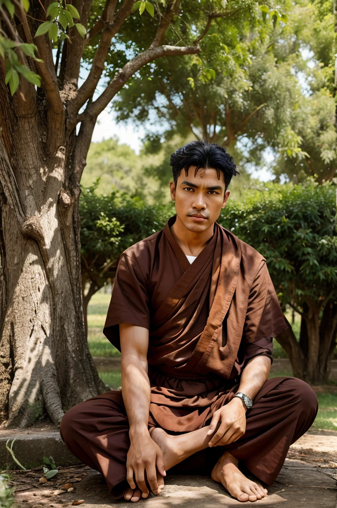 A man monk under tree seat on head crow sit