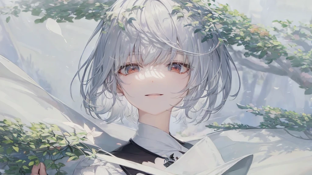 Ultra HD,Look at the viewers, Put your hands behind your back, With a girl, 20-year-old, 非常にShort Hair, Long bangs between the eyes, Pale blue eyes, Very detailed,(masterpiece、Highest quality),Gray Hair、Laughter、Fantastic, Silver Hair, Iris, Short hair、 Fluttering Hair、Small Face、明るいsmile、(Detailed face) ,Professional Lighting,Wonderful landscape,blue sky, sunlight,Looking down from above,Portraiture、Open your mouth、Flower Field、Her eyes were shining、Mysterious and enchanting atmosphere。With AI Painting、とてもShort Hair, Long bangs between the eyes, Very detailed,(masterpiece、Highest quality)、alone、Gray Hair、Fantasy, Silver Hair, Fantasyな風景、smile、Open your mouth、short hair、Short Hair、hairpin、black eye、Grey Eyes、Beautiful Eyes、Black Shirt、White hoodie