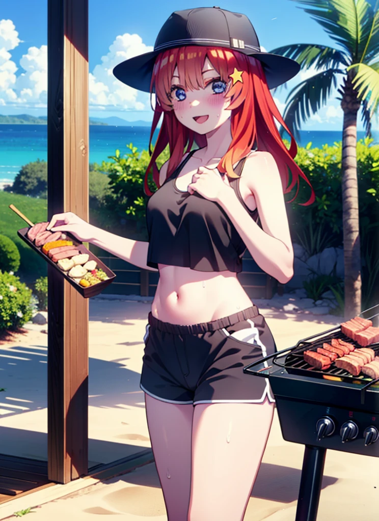 itsukinakano, Itsuki Nakano, bangs, blue eyes, Hair between the eyes, Redhead, star \(symbol\), hair ornaments, star hair ornaments,Baseball hats,happy smile, smile, Open your mouth,Red Tank Top,Belly button,Shorts,barefoot,Sweat,Beach,barbecue,cooking,Grilled meat,barbecue,Grilling meat,eating meat,Grilled meat,Palm tree,True Summer,Daytime,Clear skies,
break indoors, Beach,Sandy Beach,
break looking at viewer, (Cowboy Shot:1.5),
break (masterpiece:1.2), Highest quality, High resolution, unity 8k wallpaper, (figure:0.8), (Beautiful attention to detail:1.6), Highly detailed face, Perfect lighting, Highly detailed CG, (Perfect hands, Perfect Anatomy),