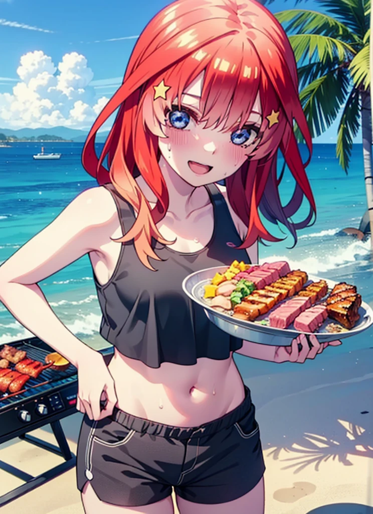 itsukinakano, Itsuki Nakano, bangs, blue eyes, Hair between the eyes, Redhead, star \(symbol\), hair ornaments, star hair ornaments,Baseball hats,happy smile, smile, Open your mouth,Red Tank Top,Belly button,Shorts,barefoot,Sweat,Beach,barbecue,cooking,Grilled meat,barbecue,Grilling meat,eating meat,Grilled meat,Palm tree,True Summer,Daytime,Clear skies,
break indoors, Beach,Sandy Beach,
break looking at viewer, (Cowboy Shot:1.5),
break (masterpiece:1.2), Highest quality, High resolution, unity 8k wallpaper, (figure:0.8), (Beautiful attention to detail:1.6), Highly detailed face, Perfect lighting, Highly detailed CG, (Perfect hands, Perfect Anatomy),