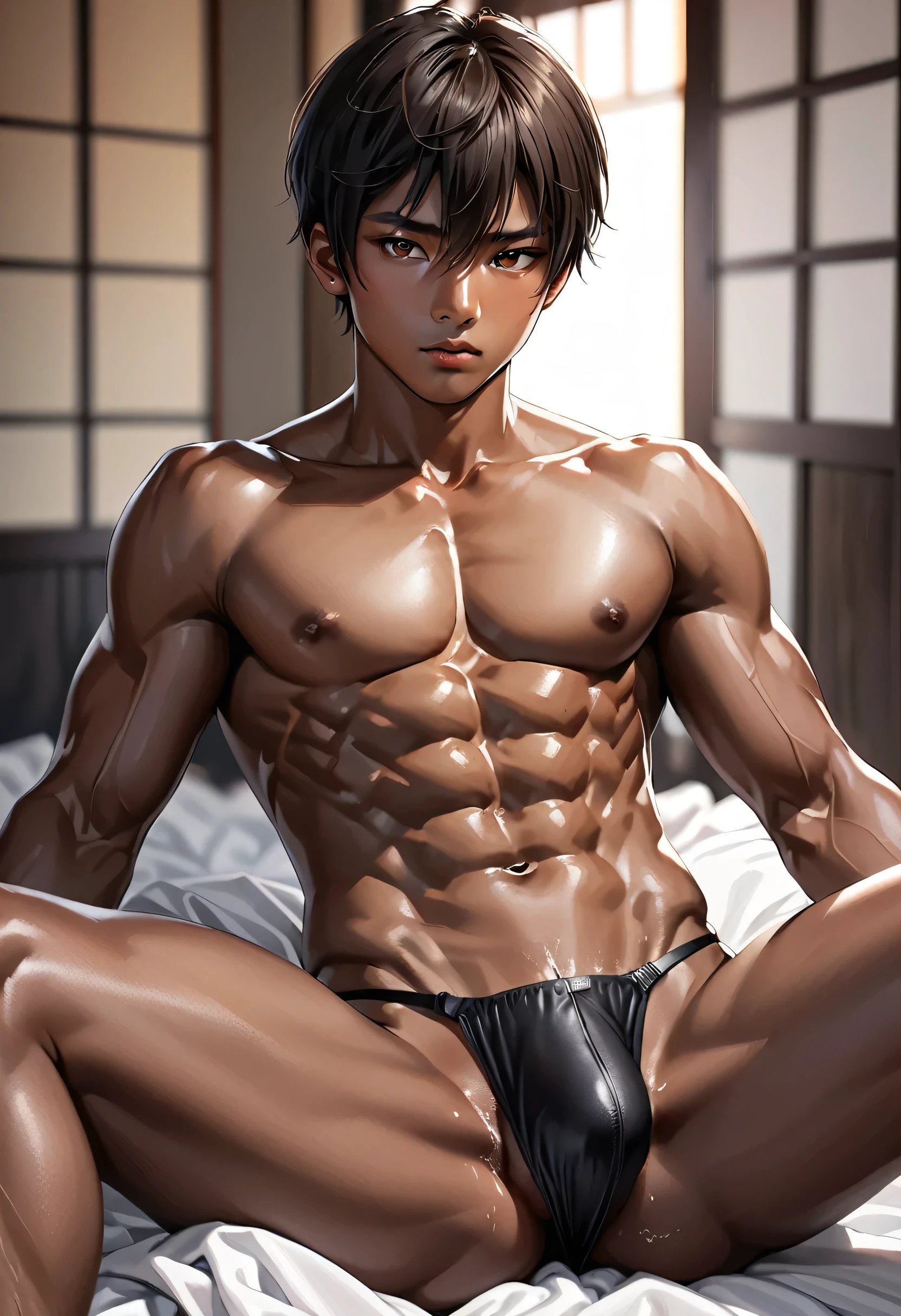 high quality, detailed, Realistic, japanese boy,(detailed brown eyes), (abs:1.5), (deep dark skin:1.3), (detailed areola), blacku short hair, (black tiny thong), (bulge), spread legs,