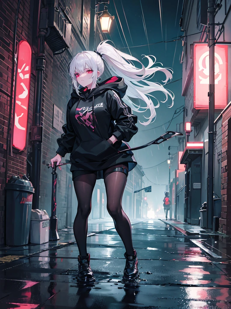 ((masterpiece, best quality, extremely detailed CG, unity 8k wallpaper,anatomically correct,ultra resolution)),Award-winning photography,(best illumination,Very Delicate and Beautiful),(one girl,solo,li:1.5),(Vampire:1.45),silver hair,(twintails:1.2),glowing red eyes,(pale skin:1.45),(extremely beautiful and detailed face:1.2), (extremely beautiful and detailed eyes:1.2),perfect hands,delicate legs,((bat hair ornament)),(graceful,fashion),pointy ears,((hoodie:1.4,sports shorts,sports shoes,black leather gloves)),looking at viewer,hand to own mouth,head tilt,(morbid smile:1.3),dark persona,evil,(cute:1.5),((night, dark atmosphere, dark theme, darkness:1.5)),dramatic shadows,(dimly lit:1.5),blood on face,blood on floor, blood on walls,(blood mist,blood splash:1.4),depth of field,(Bustling city:1.2,in the rain:1.3),cloudy sky,raining,skyline,(perfect human body structure with maximum precision)