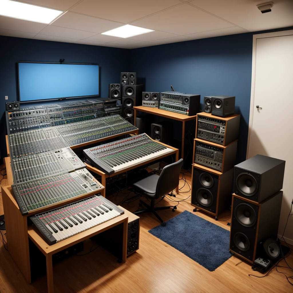 Recording studio interior. Professional room divided into a control room and a recording room. The control room has a large mixing console with many faders and buttons, studio monitors, and several screens for working with audio programs. Soundproof panels and windows hang on the walls, through which the recording room is visible. There is a microphone on a stand in the recording room., acoustic guitars and basses on stands, Drum set, keyboards and several amplifiers. There is a sofa for relaxing in the corner of the room. The lighting is soft and warm, creating a comfortable atmosphere for musicians. On the table in the control room there is a laptop and various audio accessories