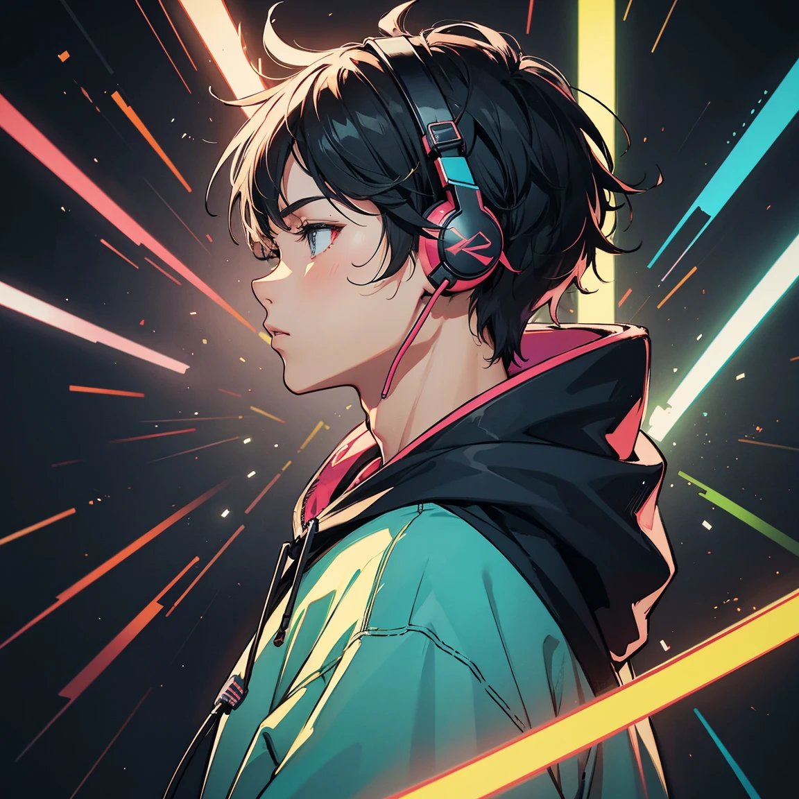 Boy, Male, profile, headphones, hoodie, vivid colors, neon, no background