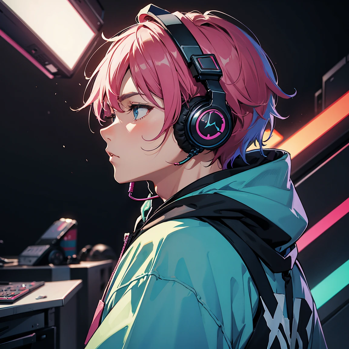 Boy, Male, profile, headphones, hoodie, vivid colors, neon, no background