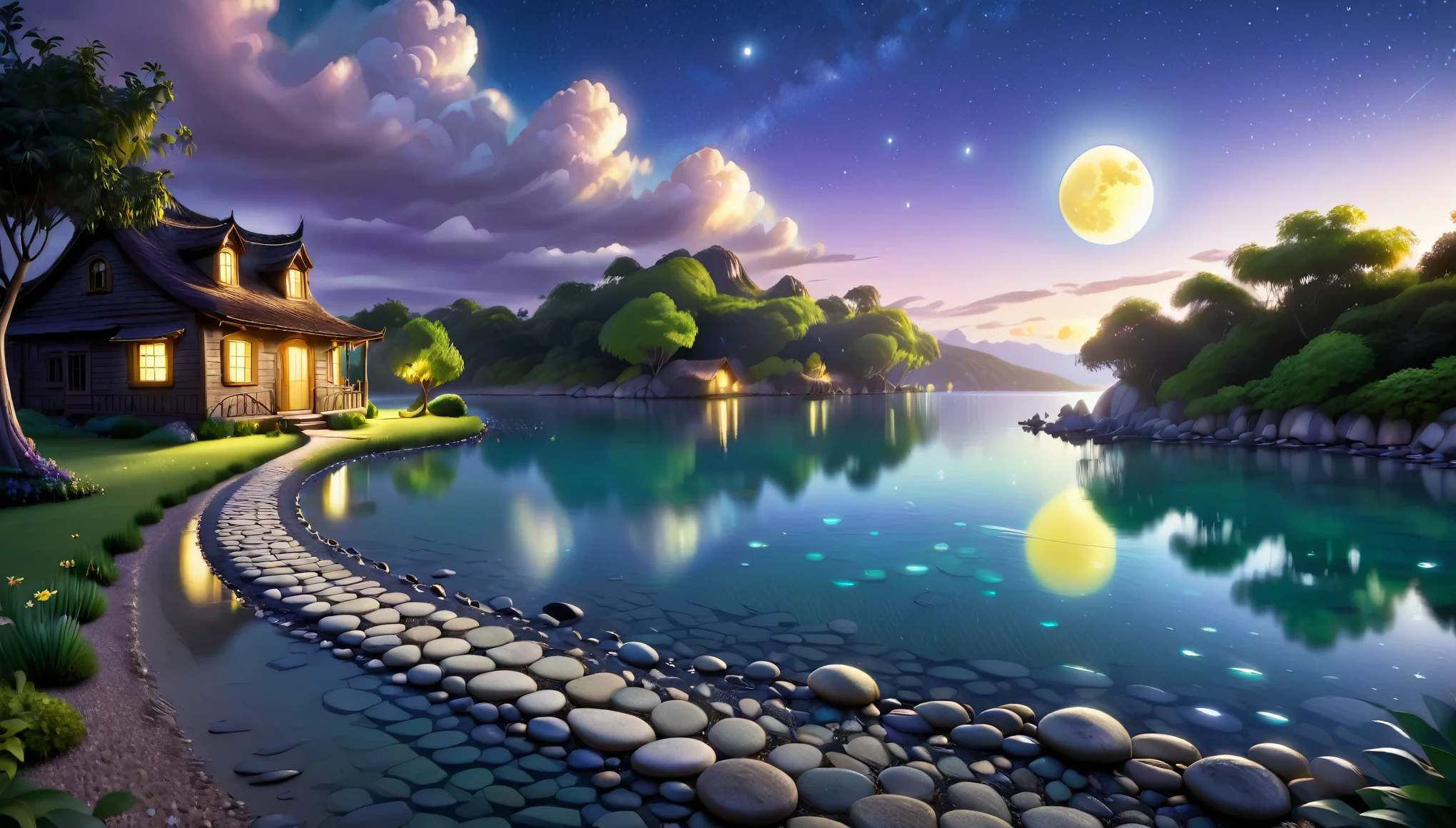 A beautiful calm and peaceful lagoon that reflects the brightness of the stars and moonlight, the stars and the moon have a yellow hue in a starry sky at the bottom of the lagoon cutting horizontally through the landscape we see a little road made of shiny pebbles that passes in front of the little house of a farm. disney pixar style