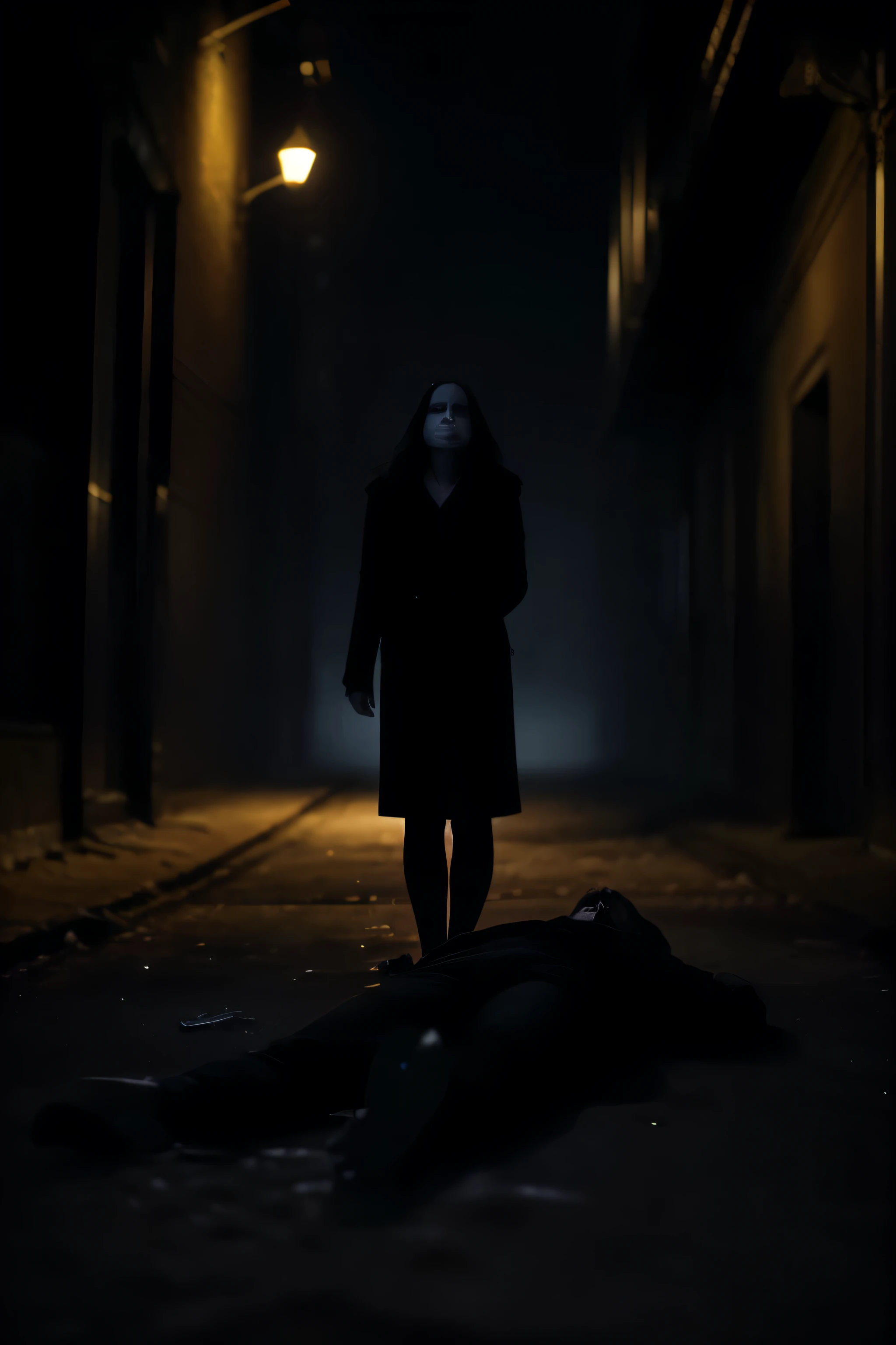 "At a crime scene illuminated by the cold moonlight, a standing woman, with a gesture of anguish and inquisitive look, looks in disbelief at the man lying on the ground, As the night fog envelops the gloomy alley."
