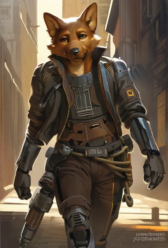 top quality, High-quality illustrations by Johannes Vermeer, masterpiece, Dark_Fantasy, Cyberpunk, steam punk(super handsome boy, single, kemono)Mechanical marvel, Robotic presence, Cybernetic guardian, wearing a worn-out mech suit, intricate(steel metal, rusty)(furry anthro:1.7)(Furry body, dog facial features, dog body features)elegant, clear focus, shot by greg rutkowski, soft lighting, vibrant colors, masterpiece((street))cowboy shot, dynamic pose,