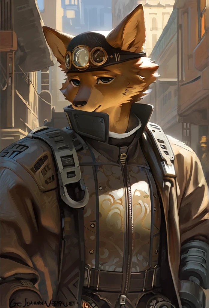 top quality, High-quality illustrations by Johannes Vermeer, masterpiece, Dark_Fantasy, Cyberpunk, steam punk(super handsome boy, single, kemono)Mechanical marvel, Robotic presence, Cybernetic guardian, wearing a worn-out mech suit, intricate(steel metal, rusty)(furry anthro:1.7)(Furry body, dog facial features, dog body features)elegant, clear focus, shot by greg rutkowski, soft lighting, vibrant colors, masterpiece((street))cowboy shot, dynamic pose,