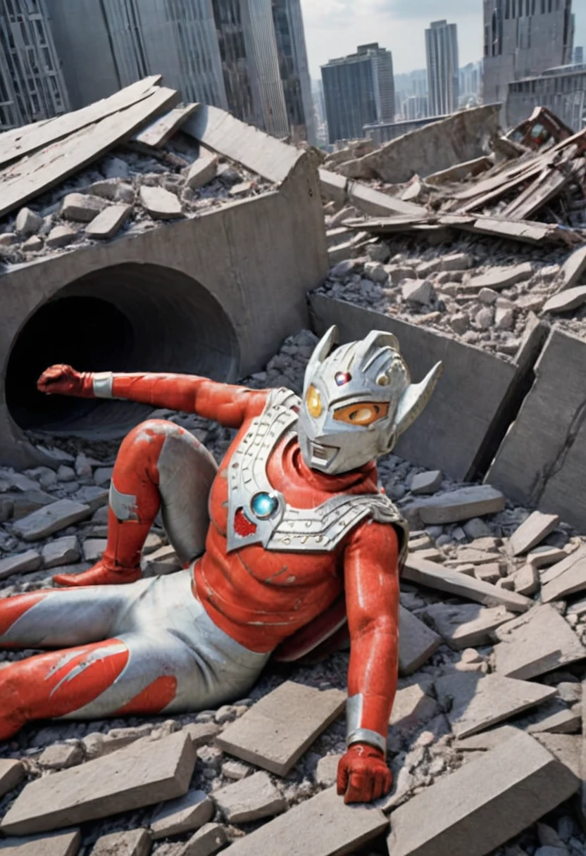 masterpiece,photo realistic,high res,80mm films,4K,giant superhero,Aerial shot, destroyed city, Ultraman Taro's body lying on the rubble, his costume torn in places, dead body, broken corners, silver helmet damaged and tattered, broken and bent limbs, hole in the center of his chest from which blood is pouring out, giant, 40m huge, lean and muscular, 2m people gathered around him