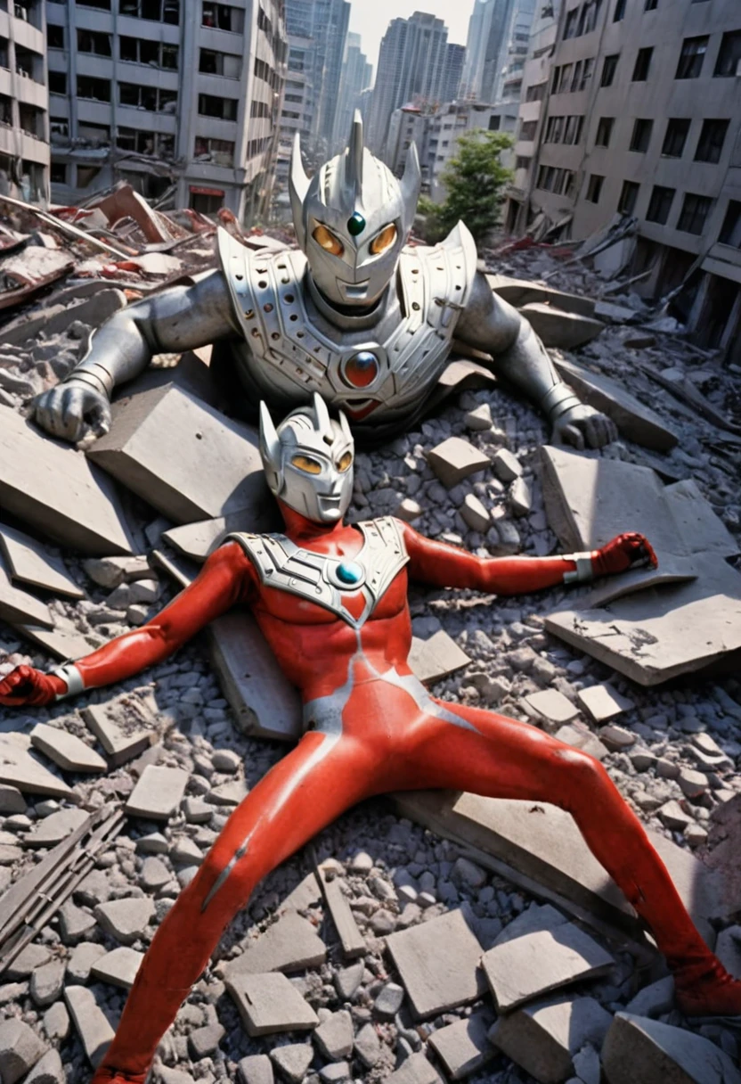 masterpiece,photo realistic,high res,80mm films,4K,giant superhero,Aerial shot, destroyed city, Ultraman Taro's body lying on the rubble, his costume torn in places, dead body, broken corners, silver helmet damaged and tattered, broken and bent limbs, hole in the center of his chest from which blood is pouring out, giant, 40m huge, lean and muscular, 2m people gathered around him